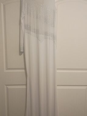 White Rhinestone Embellished Asymmetrical Long Sleeve (LS) Short (RS) Maxi Gown